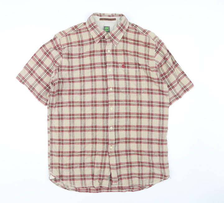 Timberland Men's Beige Plaid Shirt M Short Sleeve