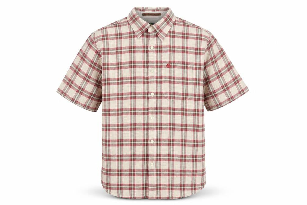 Front view of Timberland Men's Beige Plaid Shirt M Short Sleeve
