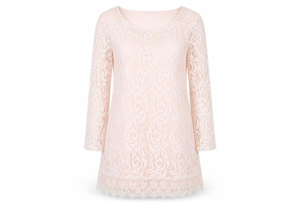 Front view of Cream Women's Ivory Lace Knee Length Shift Dress L