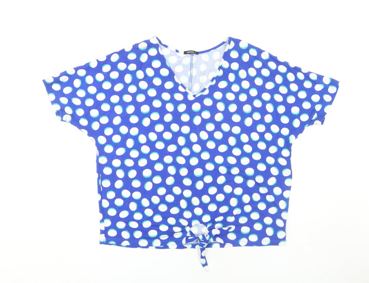 Roman Women's Blue Polka Dot V-Neck Blouse Size 12