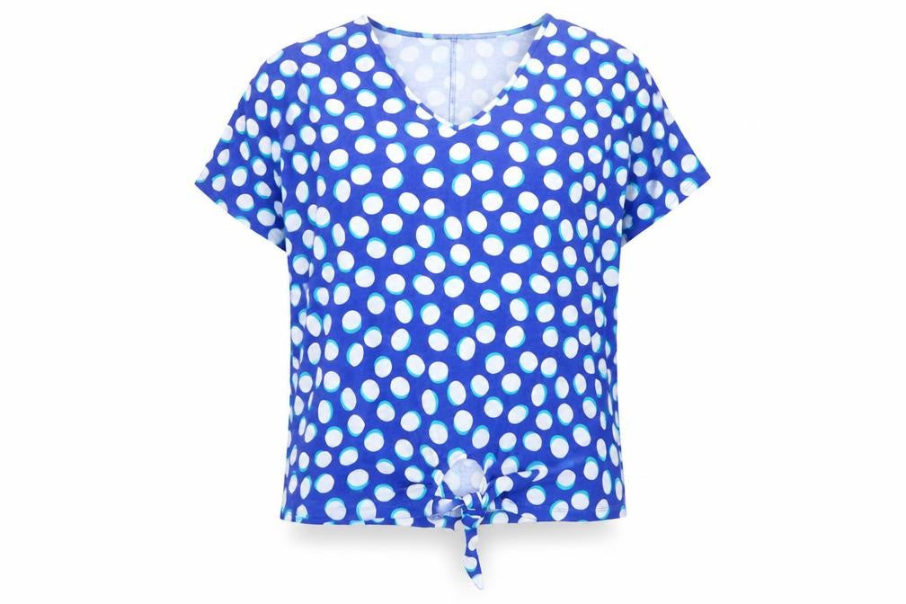 Front view of Roman Women's Blue Polka Dot V-Neck Blouse, size 12