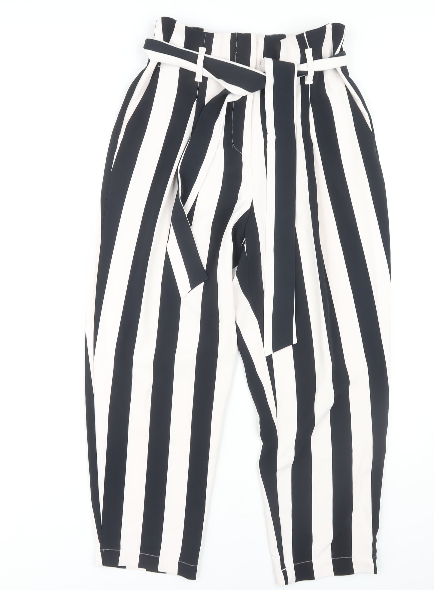 H&M Women's Black Striped Paperbag Trousers Size 10