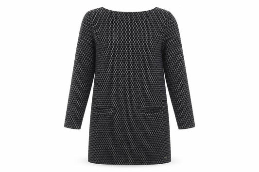 Front view of Joules Women's Black Shift Dress, size 12, Knit Fabric with Pockets