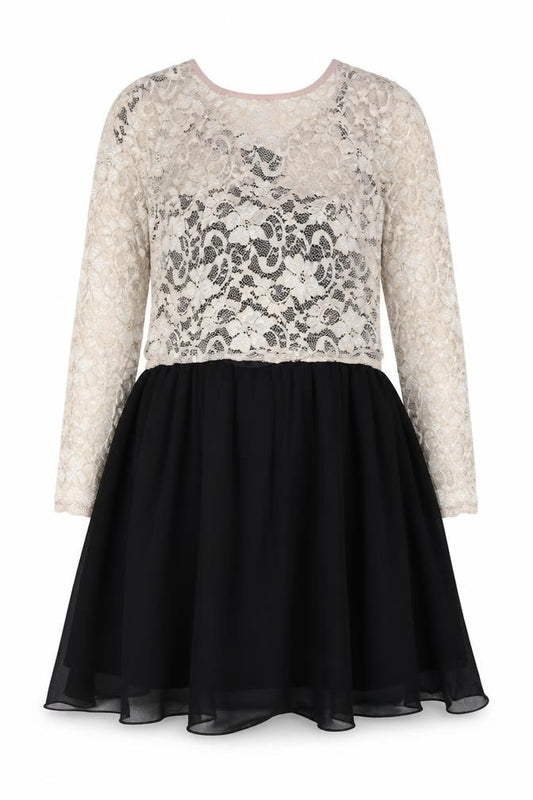 Front view of Little Mistress Women's Fit & Flare Black Lace Dress, size 12