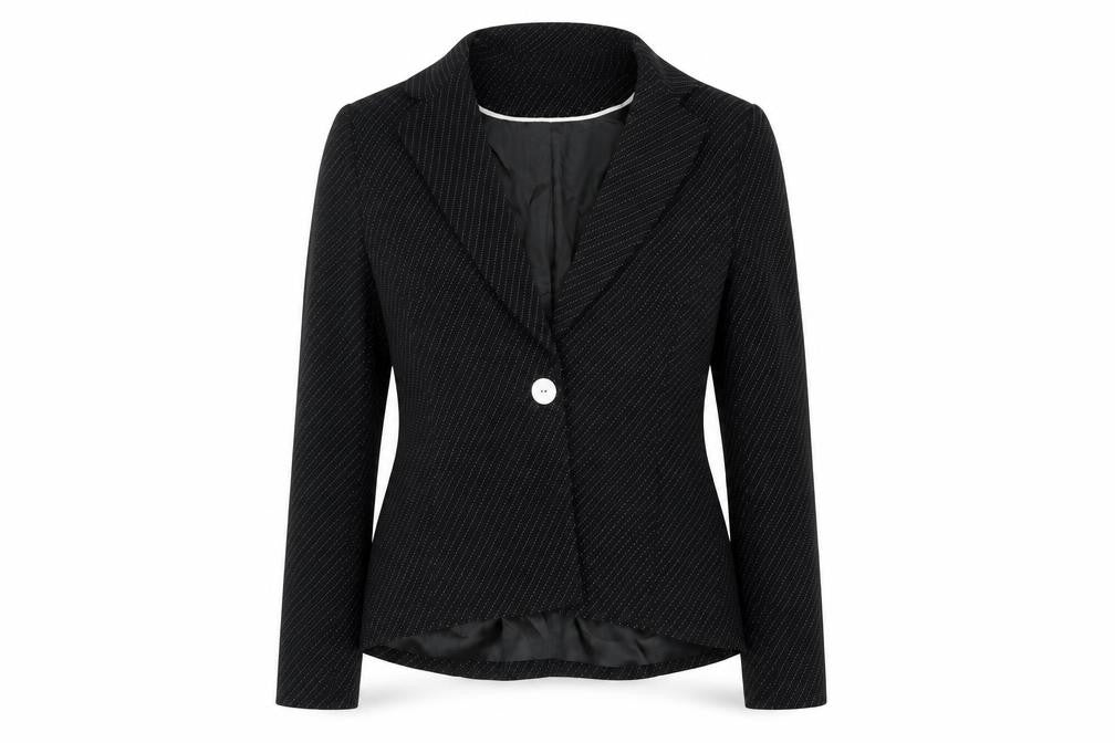 Front view of Apriori Women's Black Pinstripe Blazer, size 10