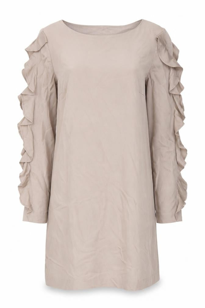 Front view of ST Studio Beige Long Sleeve Ruffle Dress, size 8