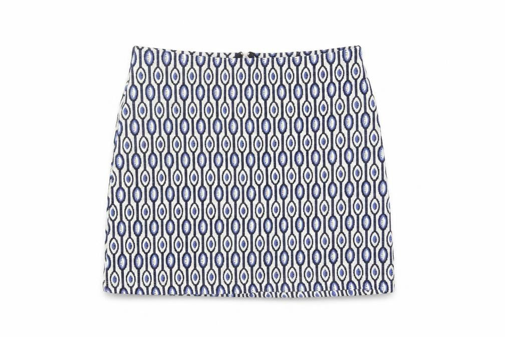 Front view of H&M Divided Women's Blue Geometric Pencil Skirt, size 12