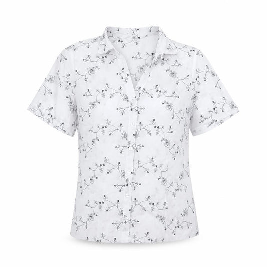 Front view of Damart Women's White Floral Button-Up Shirt, size 12