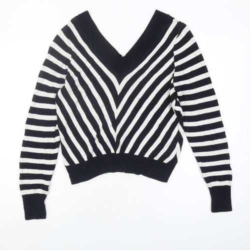 Marks and Spencer Women's Black Striped V-Neck Jumper