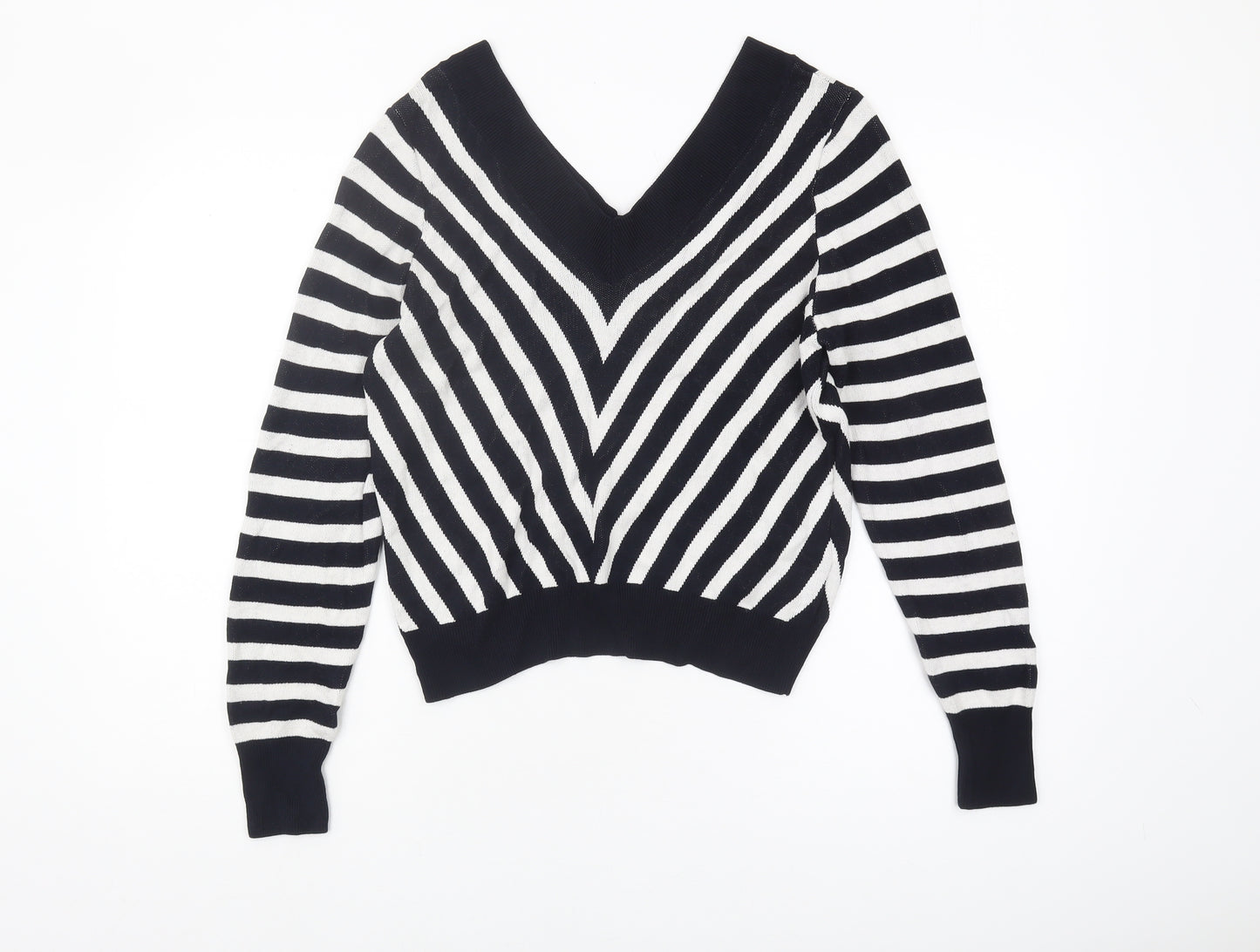 Marks and Spencer Women's Black Striped V-Neck Jumper