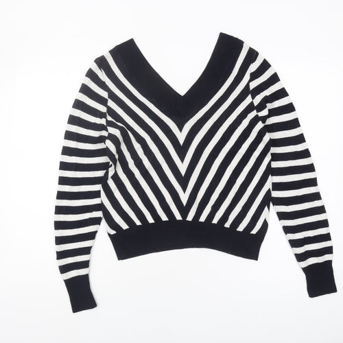 Marks and Spencer Women's Black Striped V-Neck Jumper