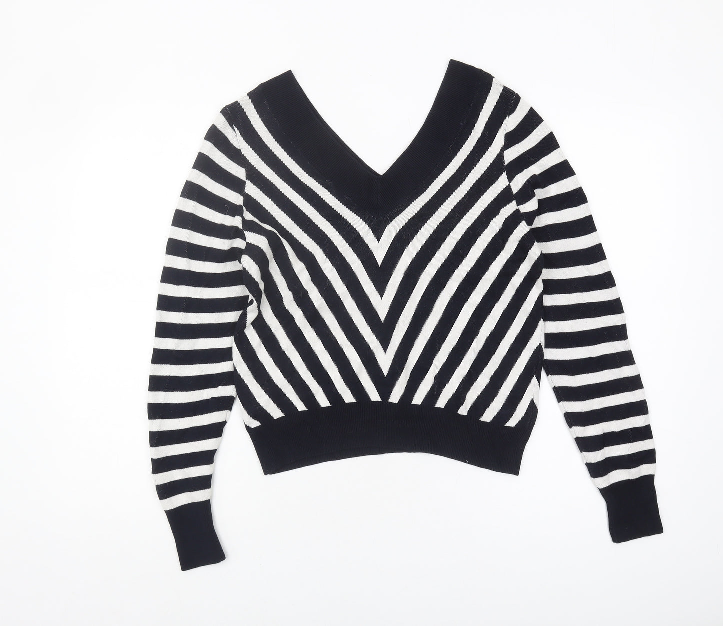 Marks and Spencer Women's Black Striped V-Neck Jumper