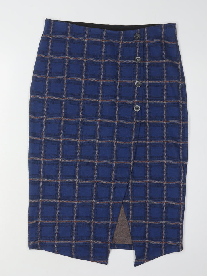 Saint Tropez Women's Blue Check Midi Skirt, S, Elegant Pencil Style
