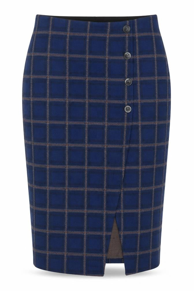 Saint Tropez Women's Blue Check Midi Skirt, S, Elegant Pencil Style