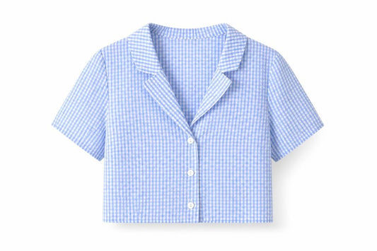 Front view of H&M Women's Blue Cropped Check Button-Up Shirt, size 6