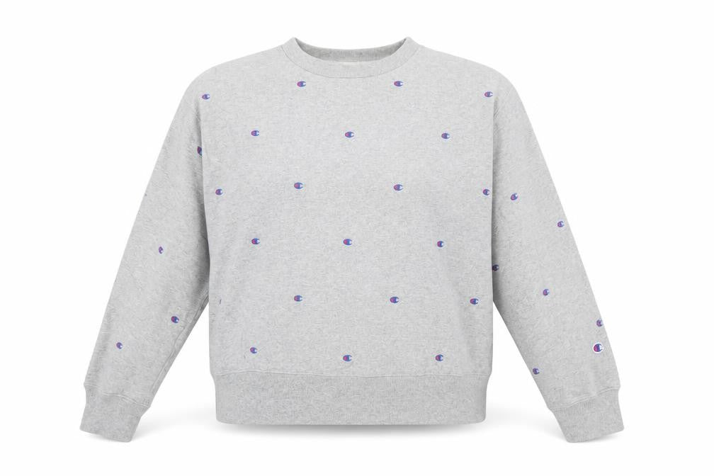 Front view of Champion Women's Grey Medium Sweatshirt with Logo Accents