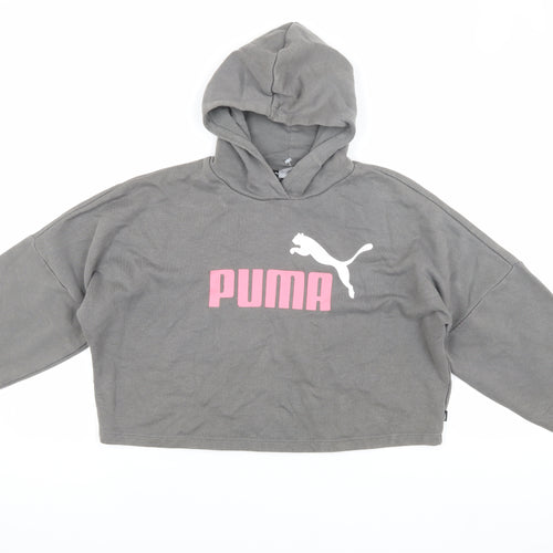 Puma Girls Grey Hoodie, Logo, Size L, Casual Fleece