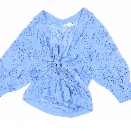 Zara Women's Blue Floral Embroidered V-Neck Blouse XS