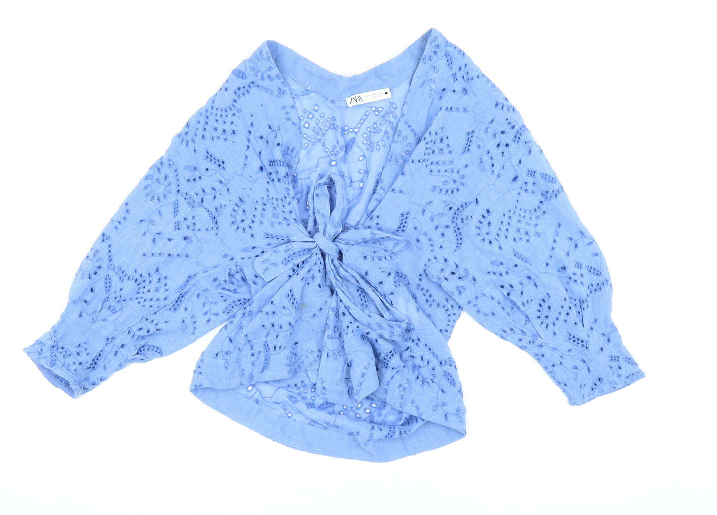 Zara Women's Blue Floral Embroidered V-Neck Blouse XS