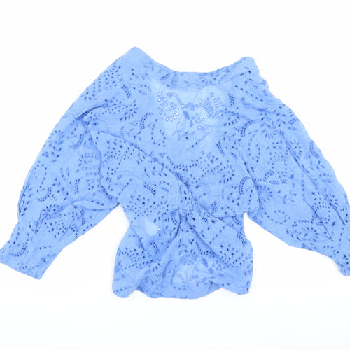 Zara Women's Blue Floral Embroidered V-Neck Blouse XS