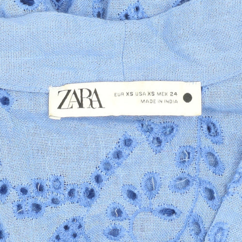 Zara Women's Blue Floral Embroidered V-Neck Blouse XS
