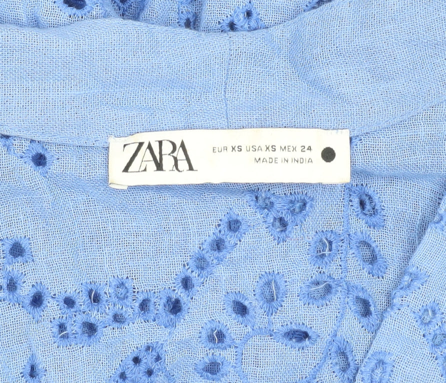 Zara Women's Blue Floral Embroidered V-Neck Blouse XS