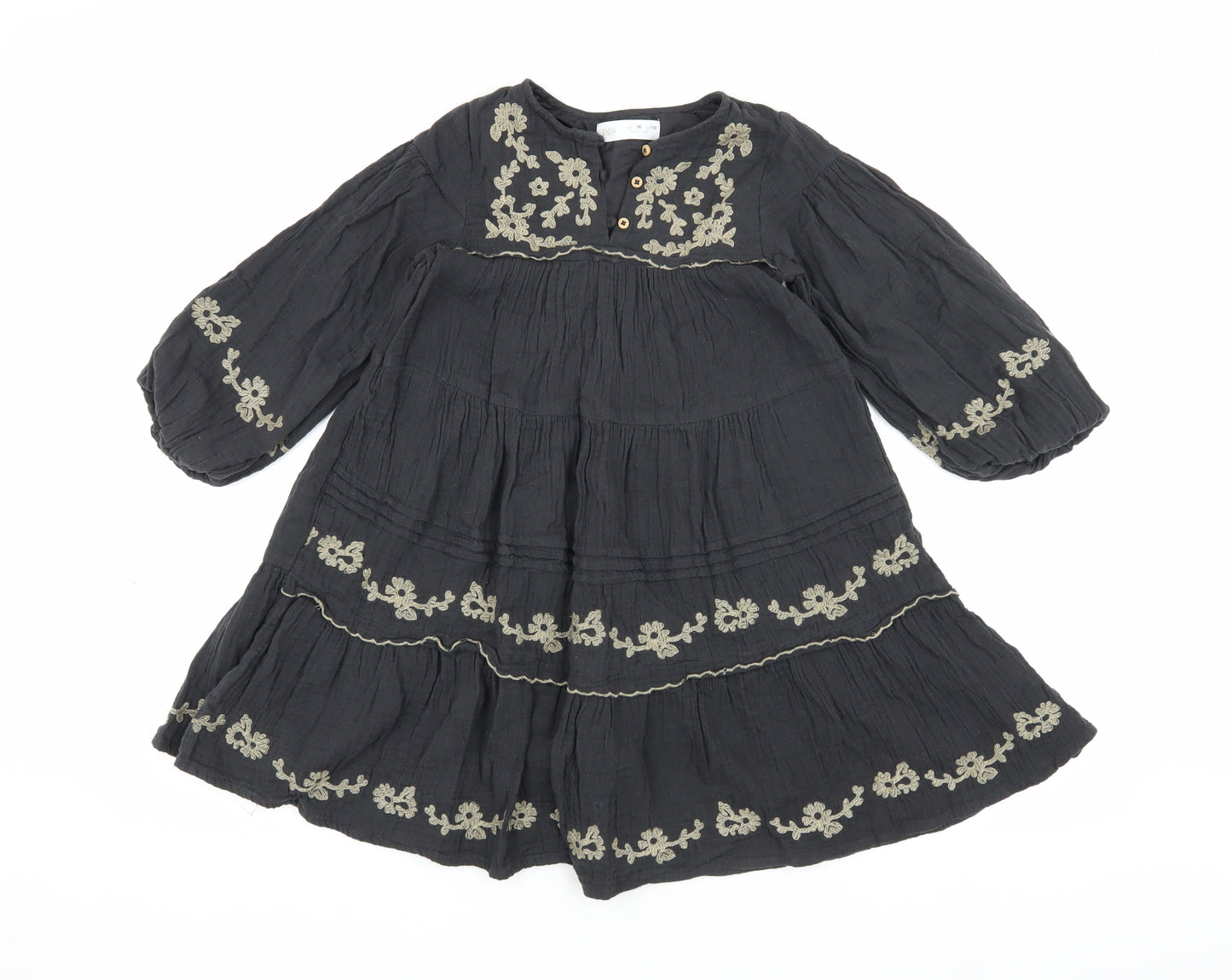 Zara Black Embroidered Girl's Dress, Long Sleeve, Size 6 Years