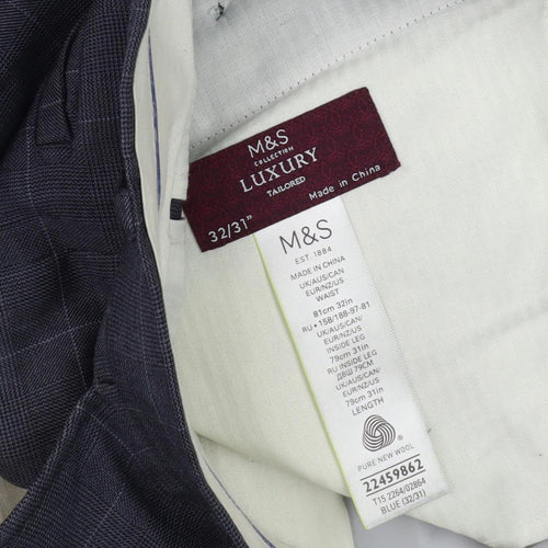 Marks and Spencer Men's Blue Check Trousers, Size 32