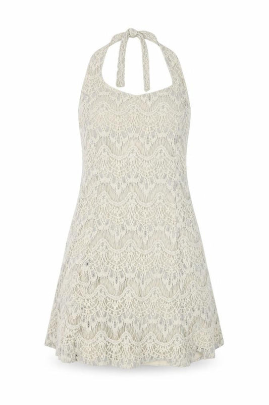 Front view of I Love H81 Women's Ivory Halter Lace Dress L