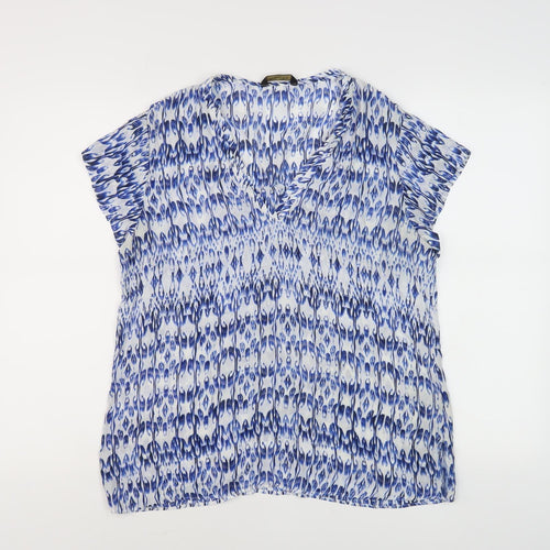 Massimo Dutti Women's Blue Geometric V-Neck Blouse Size 16