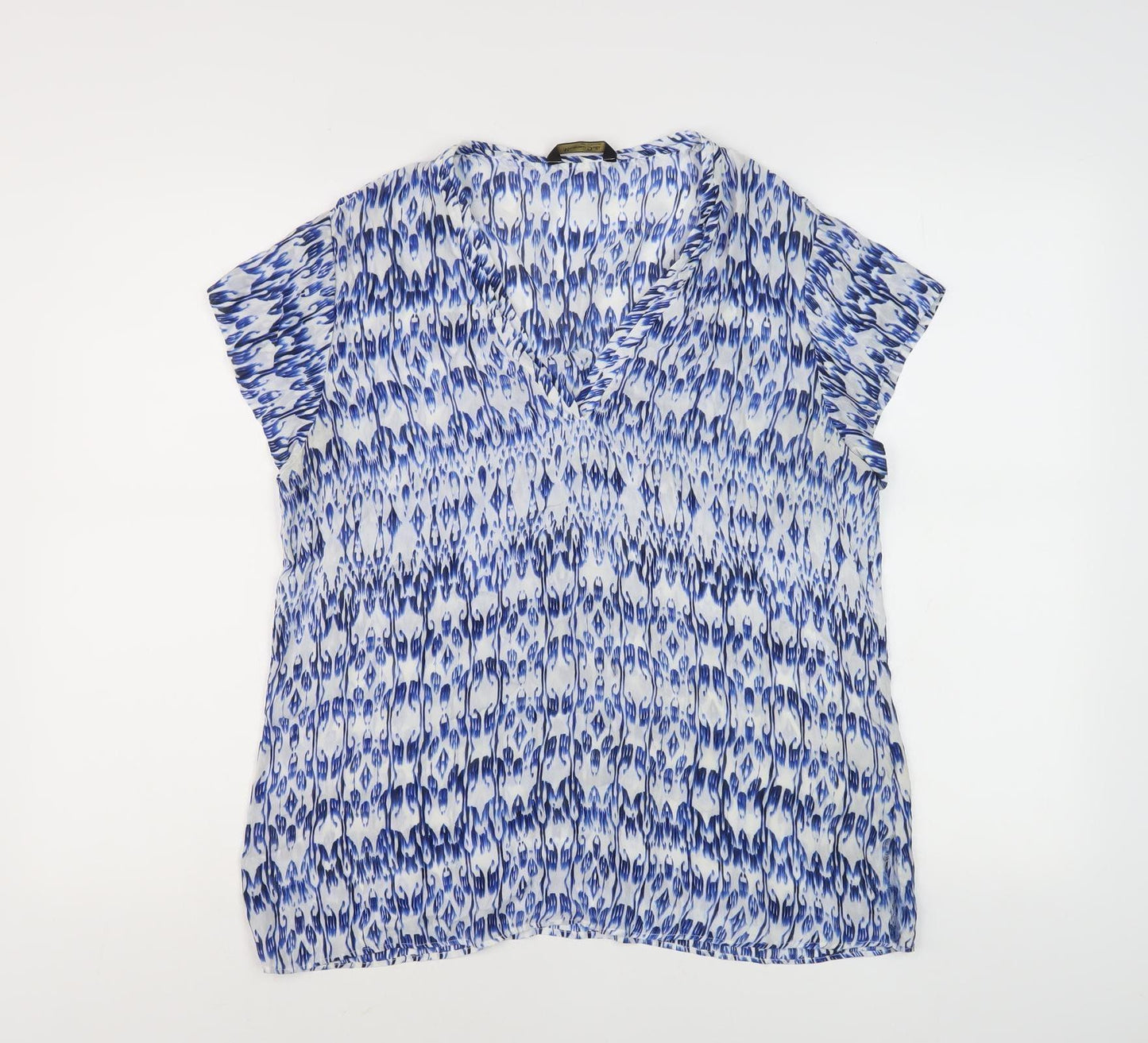 Massimo Dutti Women's Blue Geometric V-Neck Blouse Size 16