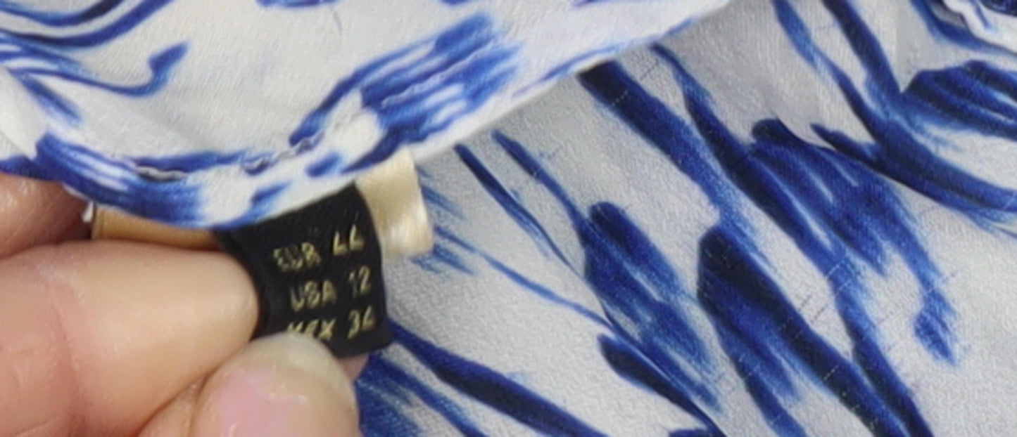 Massimo Dutti Women's Blue Geometric V-Neck Blouse Size 16