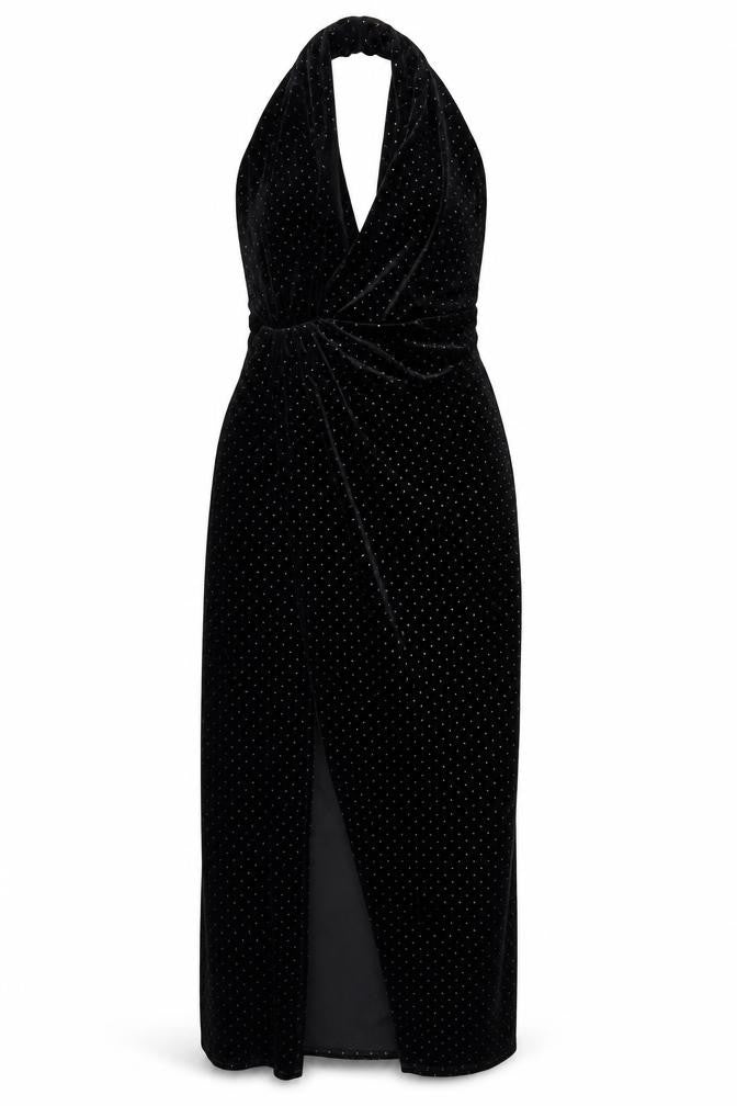 Front view of ASOS Women's Black Sequin Halter Bodycon Dress