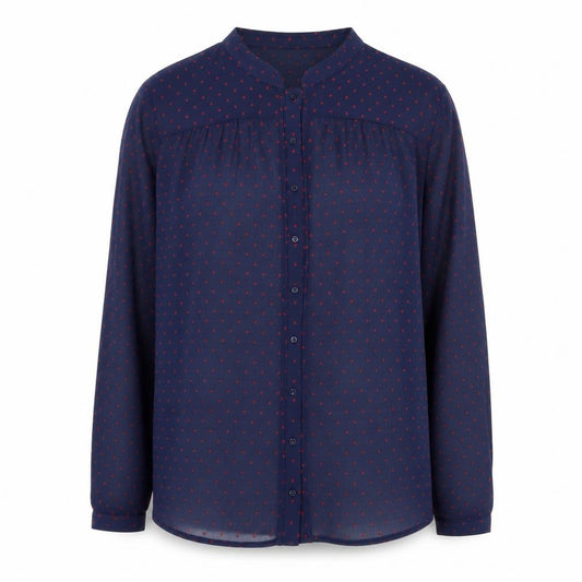 Front view of Zara Basic Women's Blue Polka Dot Button-Up Shirt -, size L