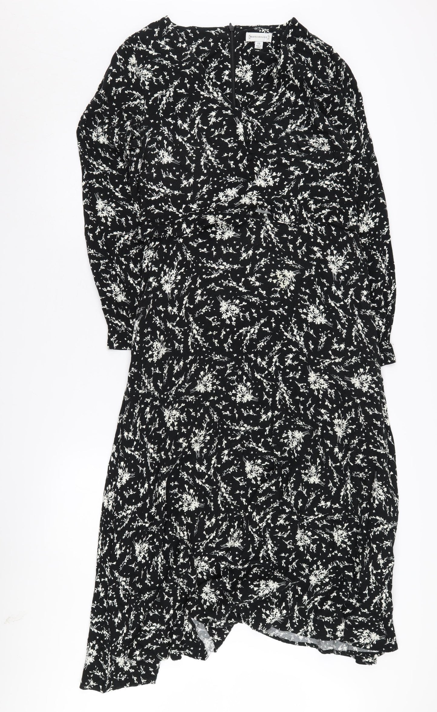 Warehouse Women's Black Floral A-Line Midi Dress, Size 12
