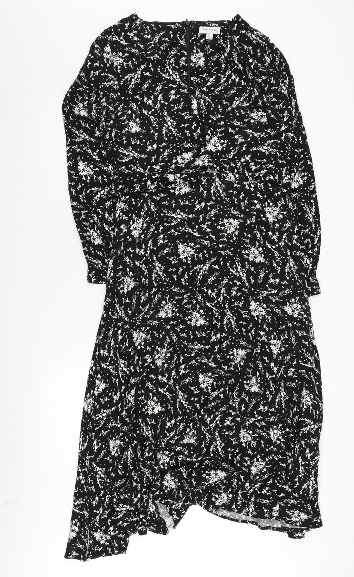 Warehouse Women's Black Floral A-Line Midi Dress, Size 12