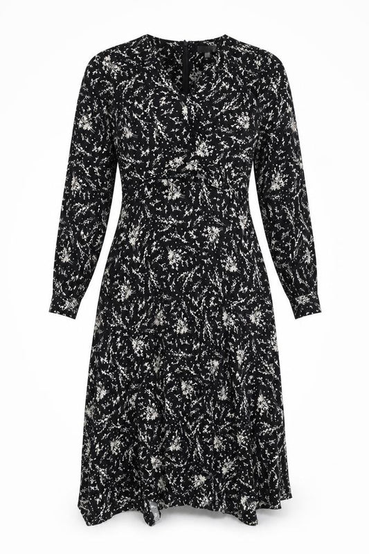 Front view of Warehouse Women's Black Floral A-Line Midi Dress, size 12