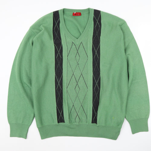 Gabicci Men's Green 2XL V-Neck Argyle Pullover Jumper