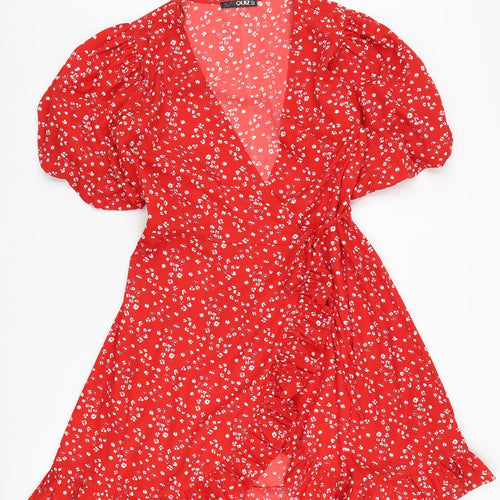 Quiz Red Floral Wrap Dress, Women's Size 12, Puff Sleeve