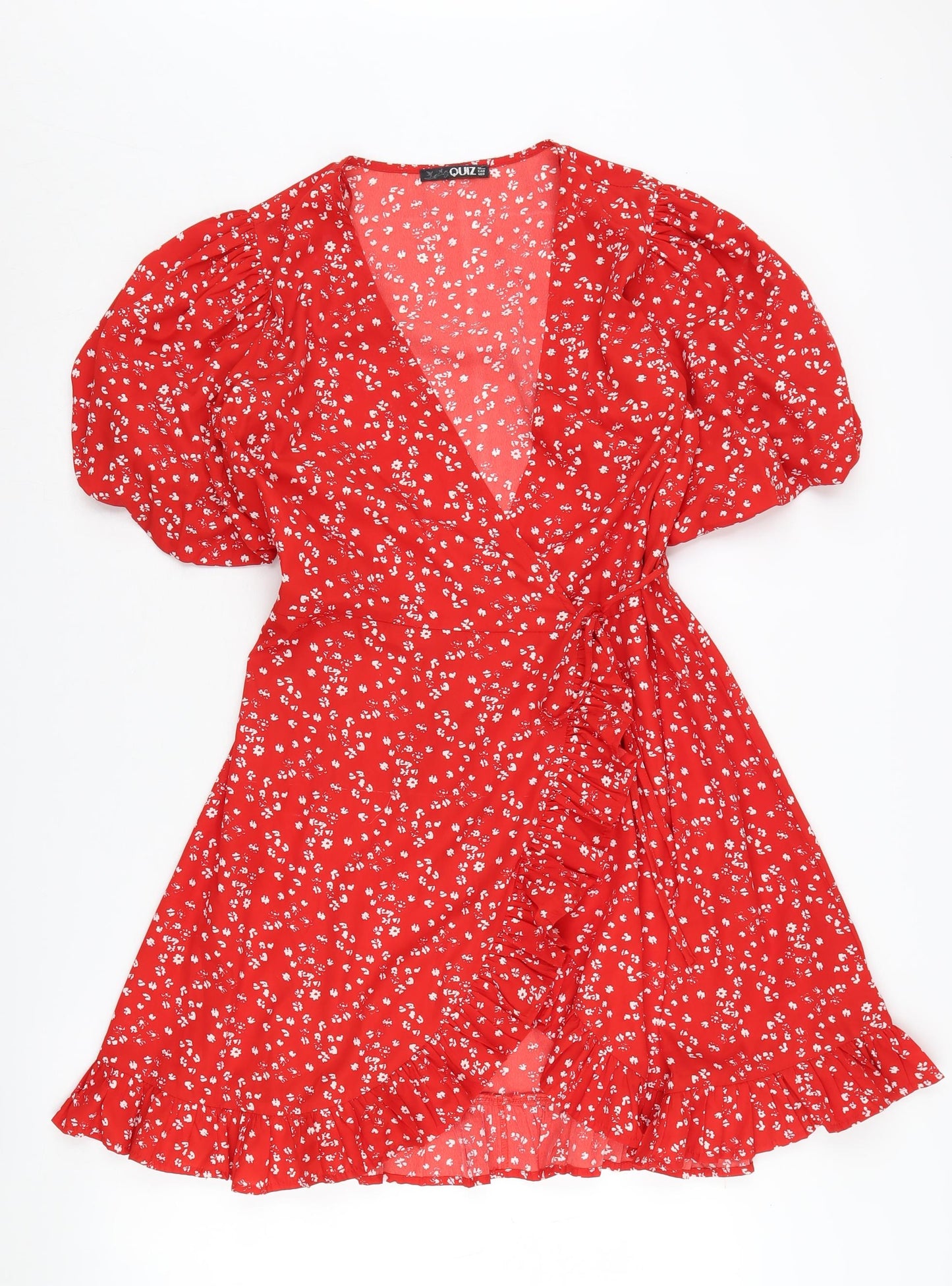 Quiz Red Floral Wrap Dress, Women's Size 12, Puff Sleeve