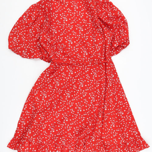 Quiz Red Floral Wrap Dress, Women's Size 12, Puff Sleeve