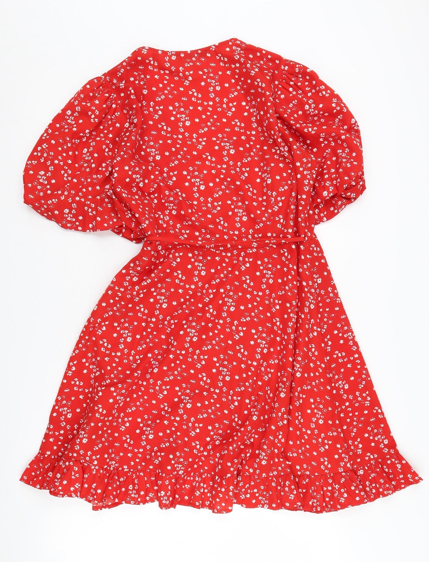 Quiz Red Floral Wrap Dress, Women's Size 12, Puff Sleeve