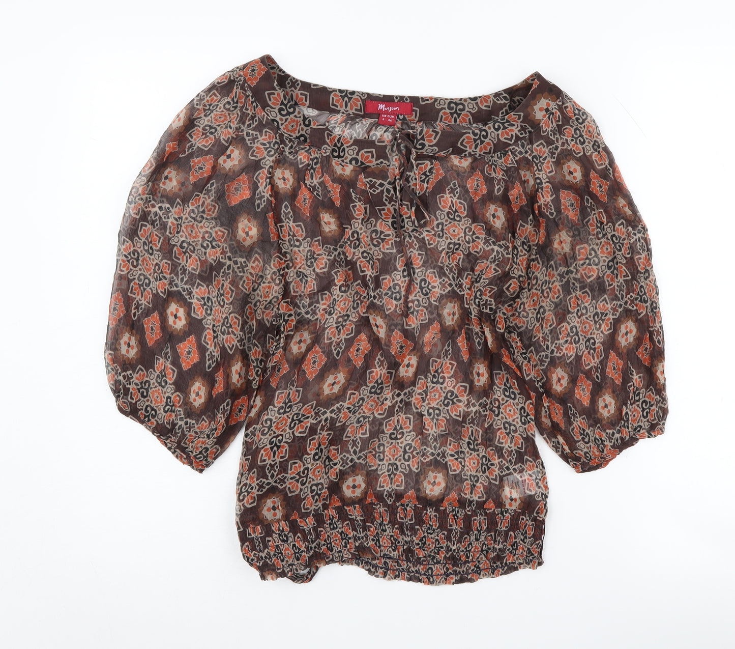 Monsoon Women's Brown Silk Geometric Tunic Blouse Size 8