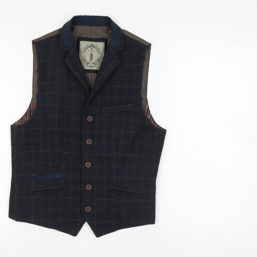 Cavani Men's Blue Check Suit Waistcoat Size S