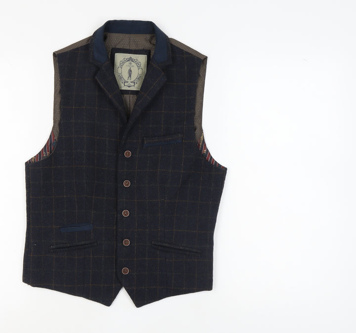 Cavani Men's Blue Check Suit Waistcoat Size S