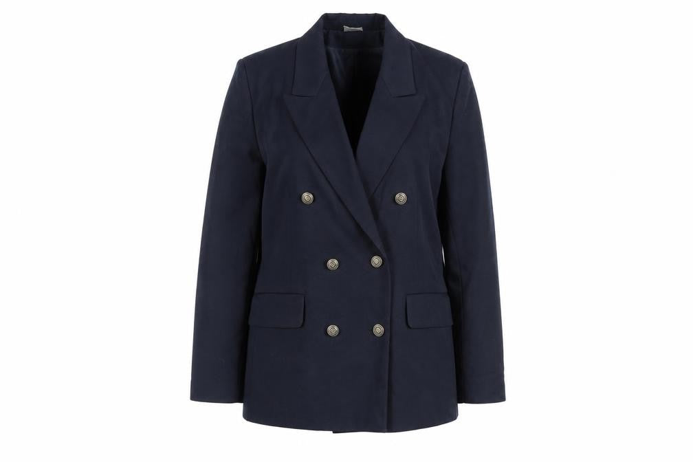 Front view of Amari Women's Blue Double-Breasted Suit Jacket, size 14