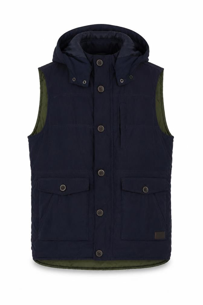 Front view of Springfield Men's Blue Hooded Waistcoat M