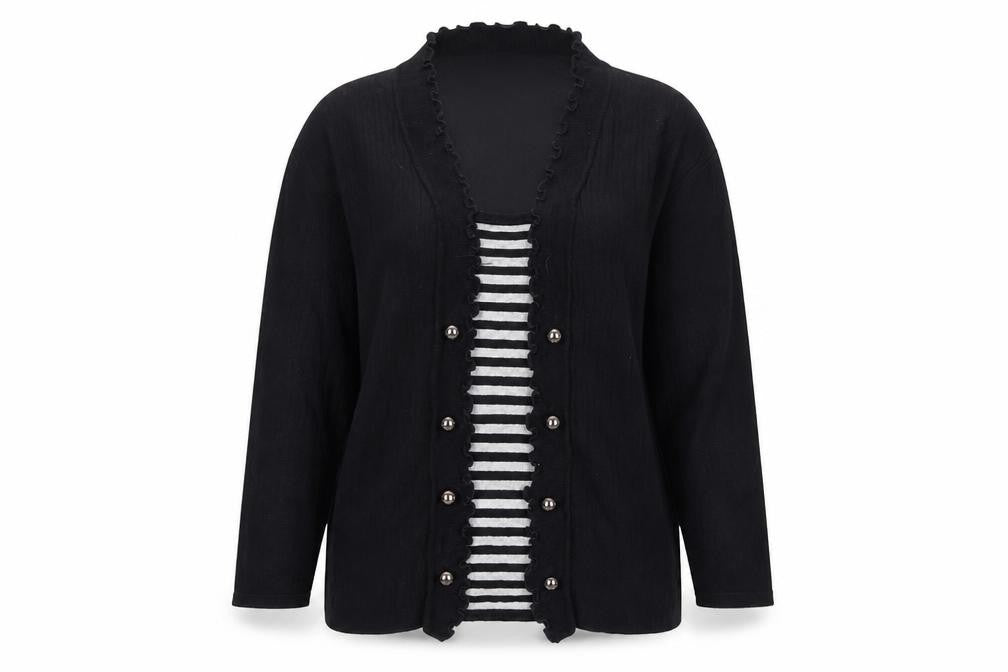 Front view of Emma Morgan Black Button-Up Striped Women's Top L