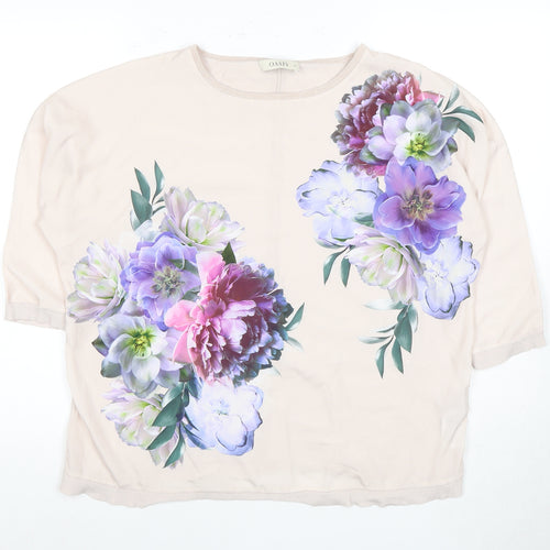 Oasis Women's Beige Floral 3/4 Sleeve T-Shirt - Medium