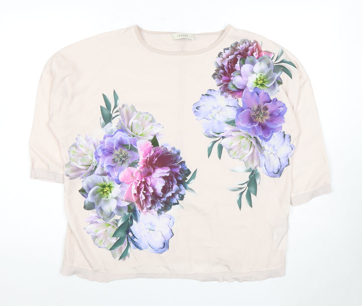 Oasis Women's Beige Floral 3/4 Sleeve T-Shirt - Medium